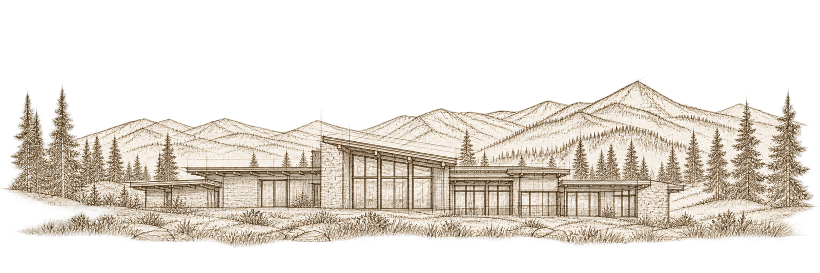 Architectural line drawing of a Montana mountain home